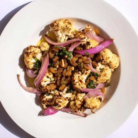 Tender, warm roasted cauliflower and red onion brightened with a zesty lemon pine-nut dressing.