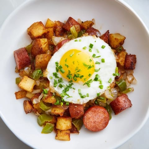 A cast iron skillet of sizzling Egg & Potato Hash with perfectly cooked eggs and hot dogs.