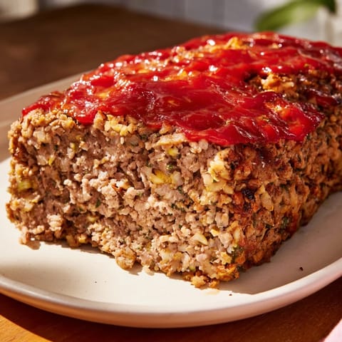 Hearty American classic, the Stove Top Stuffing Meatloaf Hack, with a glistening ketchup glaze.