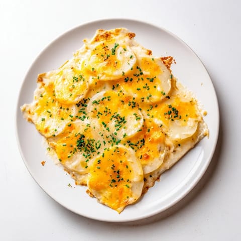 Golden-brown, bubbly Cheesy Scalloped Potatoes with melted cheddar, perfect for a cozy dinner side.
