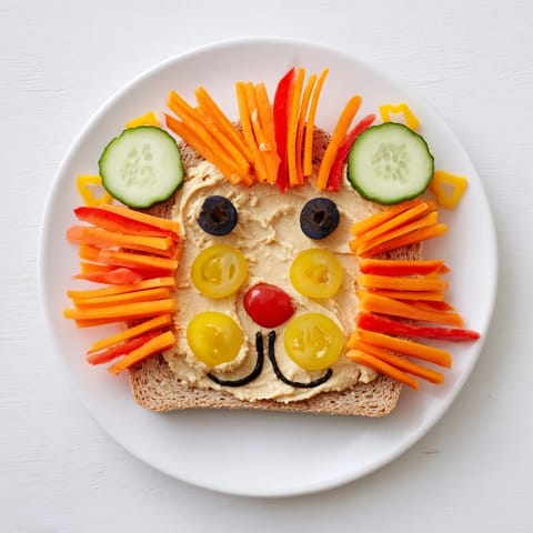 A colorful King of the Jungle Lion Lunch Board, featuring hummus, veggies, and a smiling apple mouth.