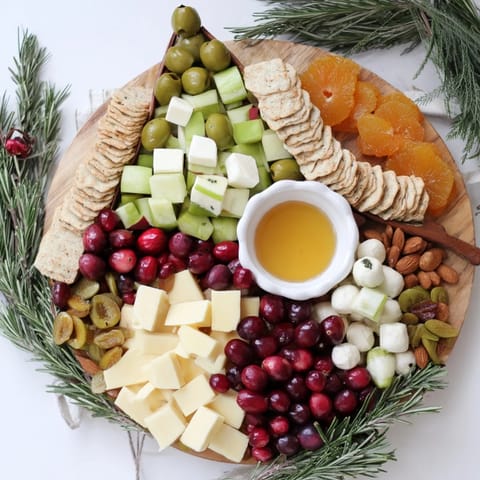 This festive Cranberry Joy Tree Board offers a delicious array of sweet and savory snacks to enjoy.