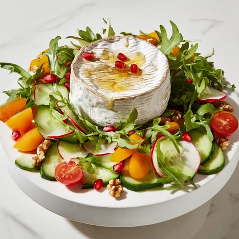 Vibrant arrangement of fresh ingredients surrounding a cheese wheel in this appealing Zenith Point salad.