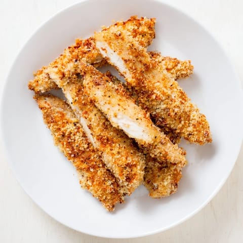 Close-up of perfectly cooked crispy air-fried chicken tenders, showcasing the crunchy breading and juicy chicken.