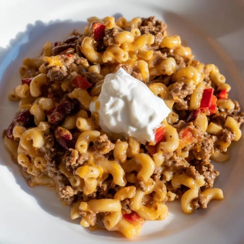 A close-up of a bubbling, delicious One-Pot Chili Mac topped with creamy cheddar cheese.