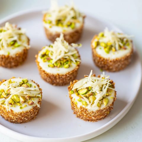 A close-up of delicious no-bake Pistachio Cheesecake Bites, showing the creamy filling and a crusty base.