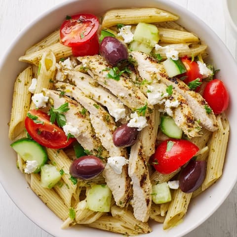 Close-up of a Greek Chicken Pasta Bowl with sliced grilled chicken, bright red tomatoes, green cucumbers, and crumbled feta, garnished with fresh parsley.