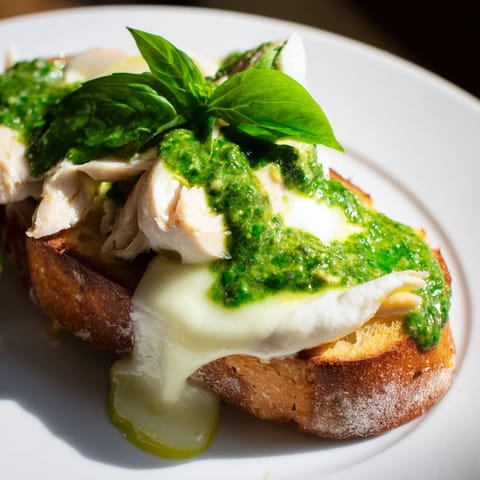 Fresh basil leaves and a dusting of red pepper flakes add a fragrant finish to this open-faced Pesto Chicken Burrata Toast, served warm on a rustic wooden board.