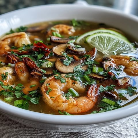 This steamy bowl of Tom Yum Soup showcases fresh herbs, tender mushrooms, and a zesty kick.