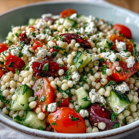 The zesty oregano dressing glistens on the toasted couscous, ready for a sunny lunch.