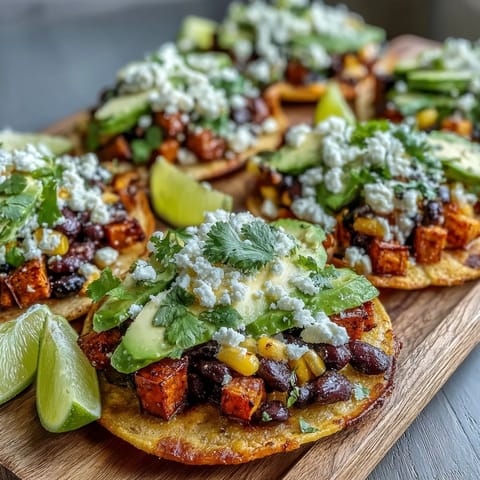 Roasted sweet potato and smoky corn mixture meet creamy avocado slices on this vibrant vegetarian Black Bean and Sweet Potato Tostadas.