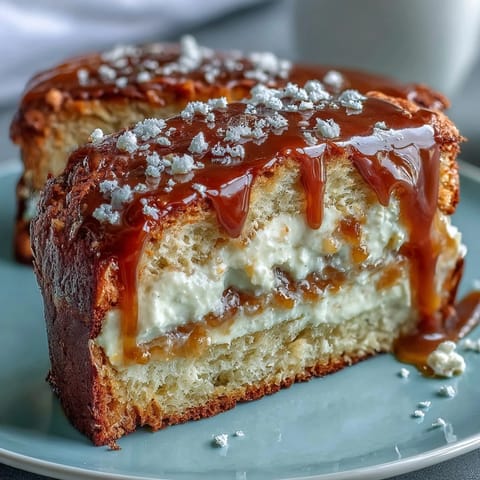 Golden, moist slices of Caramel Cream Cheese Bread on a rustic wooden cutting board with caramel drizzle glistening.