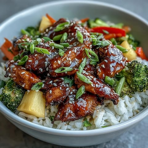 A close-up of a Teriyaki Chicken and Rice Bowl highlights crisp stir-fried vegetables and fresh pineapple garnish, perfect for a busy weeknight dinner.