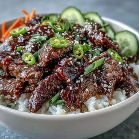 A close-up of Korean Beef Power Bowl featuring juicy beef, vibrant pickled carrots, and fresh jalapeño slices.