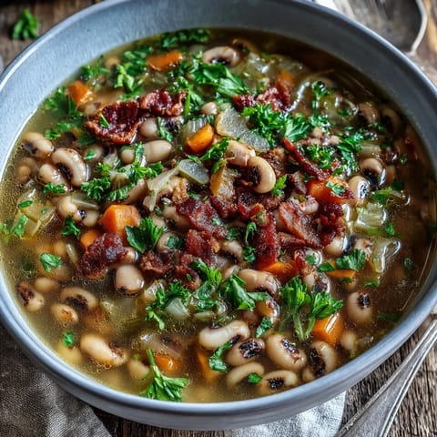 Hearty Southern Black-Eyed Peas and Bacon Soup simmered with aromatic vegetables in a light broth.  