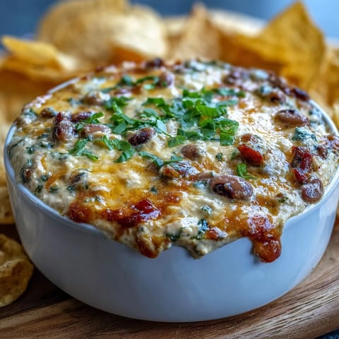 A close-up of creamy Black-Eyed Pea Dip fresh from the oven, golden brown and bubbling with cheese and vibrant veggies.  