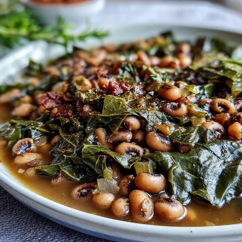 Close-up of tender black-eyed peas and silky collard greens, perfect for a Southern New Year's meal.