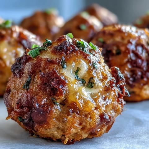 Close-up of savory Rotel Sausage Balls on a white plate, served with a side of creamy ranch dip for dipping.