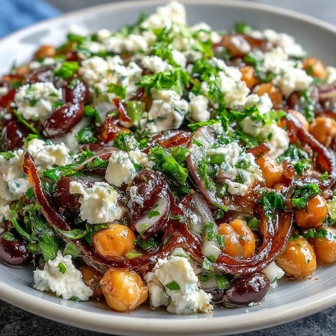 Close-up of fresh Divorce Salad featuring black beans, parsley, and tangy feta cheese.