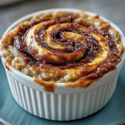 Steamed Cinnamon Swirl Protein Banana Baked Oats in a white ramekin, golden brown with a visible ribbon of cinnamon sugar, topped with fresh banana slices.