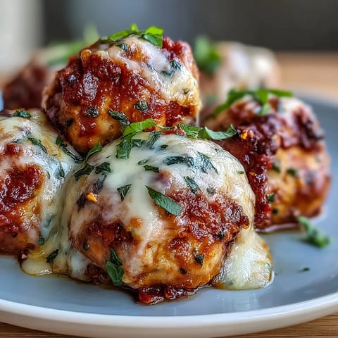 Baked Spicy Chicken Parm Meatballs serve over spaghetti for a hearty Italian-American dinner.