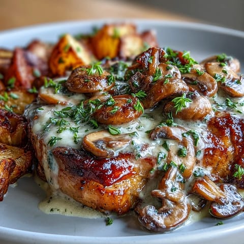 Golden-brown seared Keto Creamy Mushroom Pork Chops smothered in a rich, garlicky cream sauce alongside tender roasted radishes.