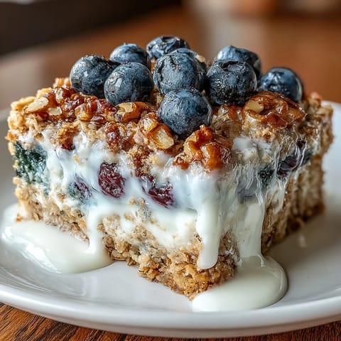 Baked oatmeal casserole featuring juicy blueberries and a marbled Greek yogurt topping, ideal for healthy mornings.  