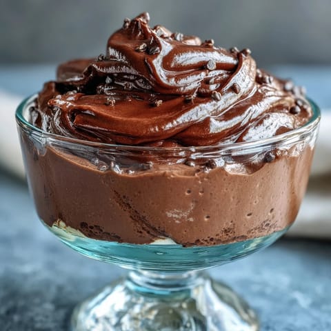 Velvety cottage cheese chocolate mousse with rich cocoa and melted dark chocolate, topped with fresh raspberries and chocolate chips.