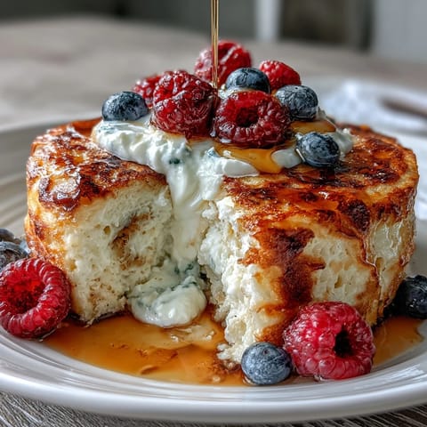A golden-baked protein pancake bowl topped with fresh berries and a dollop of Greek yogurt, perfect for a high-protein breakfast.