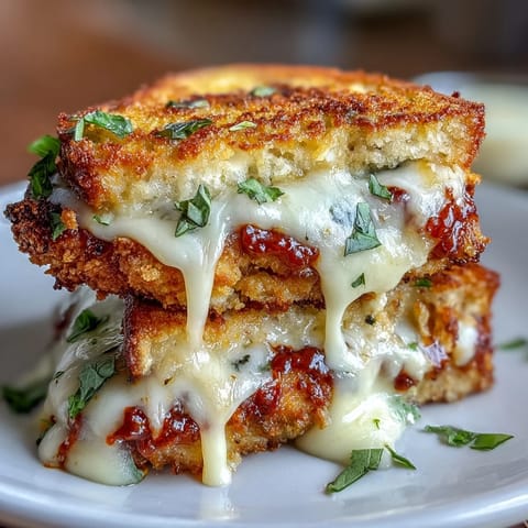 Golden fried chicken cutlets layered with creamy vodka sauce and gooey mozzarella, garnished with fresh basil on crusty ciabatta for a satisfying Italian-American sandwich.  
