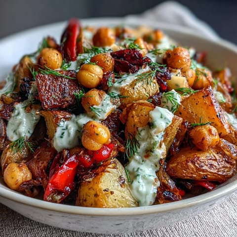 Wholesome roasted vegetable bowl featuring tender potatoes, chickpeas, and bell peppers drizzled with herb-infused tzatziki.  