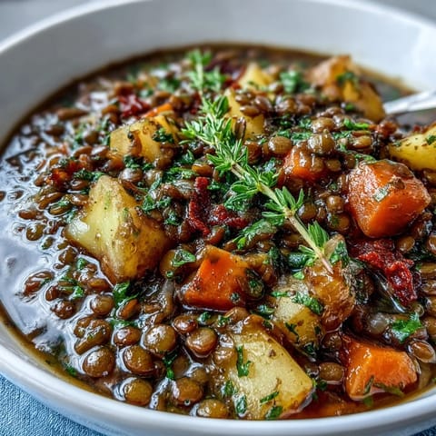 A steaming bowl of Little Sprout Green Lentil Stew with tender carrots, potatoes, and fresh greens in a savory broth.  