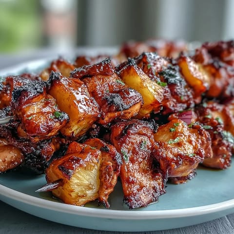 Grilled BBQ chicken skewers with juicy pineapple chunks and red onion, glazed with smoky barbecue sauce for a summer cookout.