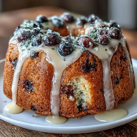 Mini lemon blueberry sourdough bundt cakes with golden crust and glossy lemon glaze, bursting with fresh blueberries and zesty lemon flavor.