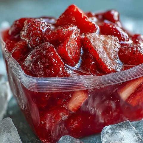 Strawberry Pineapple Daiquiri Freezer Pouches in clear bags, vibrant red and golden yellow, ready to chill for summer parties.  