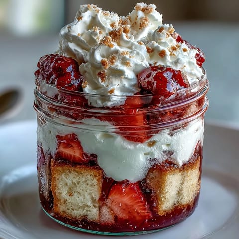 Layered strawberry shortcake trifle in mason jars with fresh berries and whipped cream.