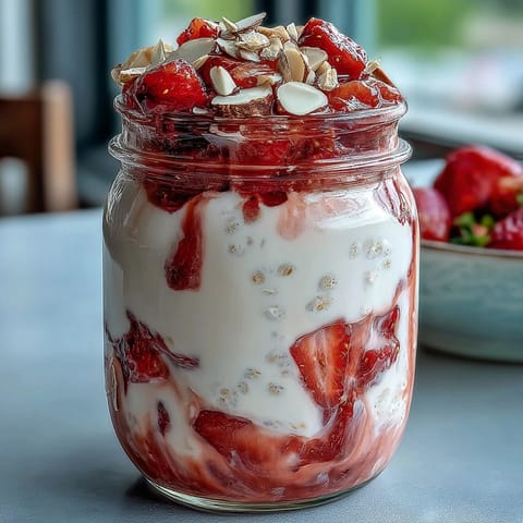 A jar of creamy strawberry protein overnight oats topped with fresh sliced berries and crunchy almonds for a nutritious breakfast.  