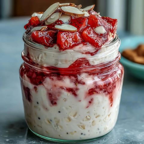 Protein-packed vanilla oats layered with juicy strawberries in a glass jar, perfect for a quick and healthy morning meal.  