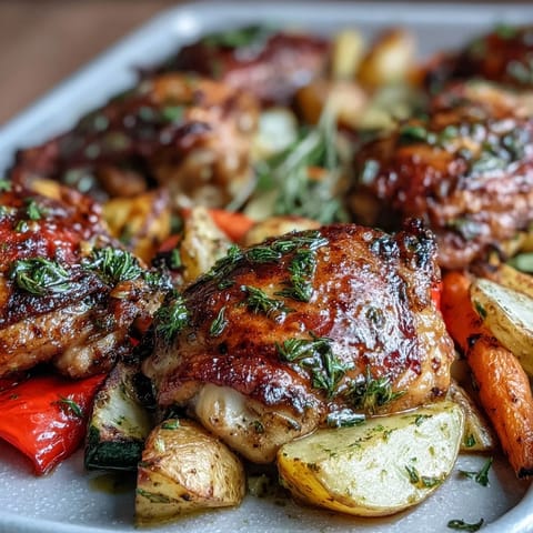 Sheet pan chicken with roasted vegetables in a golden-brown, savory glaze, ready for a wholesome family dinner.  