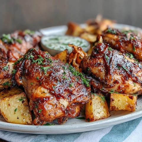 Roasted sheet pan chicken thighs with carrots and potatoes, golden and juicy for a hearty family dinner.  