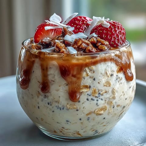 Healthy Easy Overnight Oats with Strawberry and Chia, topped with fresh berries and crunchy nuts for a wholesome breakfast.