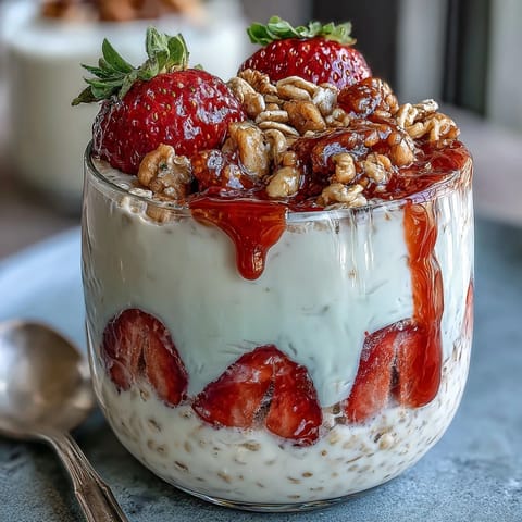 Creamy overnight oats with fresh strawberries, chia seeds, and crunchy granola for a healthy, make-ahead breakfast.