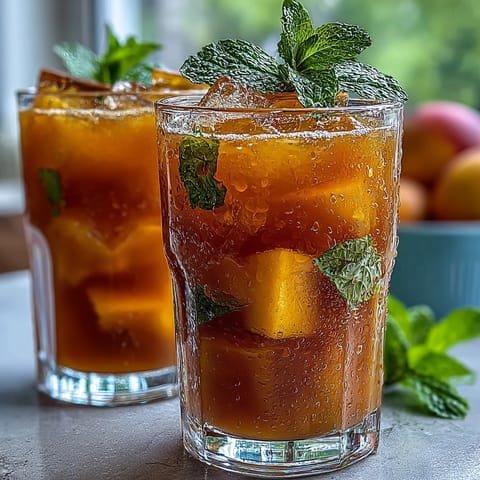 Refreshing mango peach iced tea with mint, served over ice with fresh fruit slices and vibrant mint garnish.