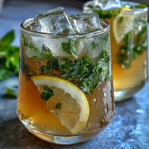 Chilled lavender lemonade garnished with fresh mint and lemon slices, perfect for a hot summer day.