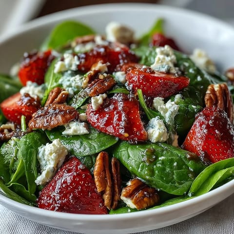 Fresh spring strawberry spinach salad with creamy goat cheese and candied pecans in tangy balsamic vinaigrette.