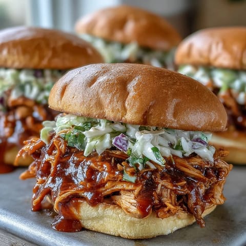 Pulled BBQ Chicken Sandwiches with juicy, smoky chicken and tangy sauce on soft brioche buns.
