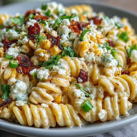 Vibrant elote corn pasta salad with charred corn, creamy Cotija cheese, and zesty lime dressing.