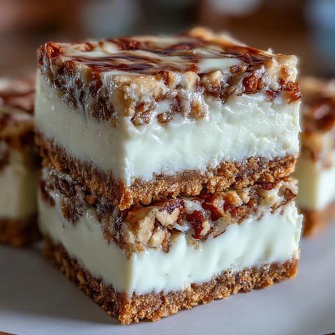 Decadent Carrot Cake Cheesecake Bars with creamy swirls and spiced nuts, perfect for spring gatherings.
