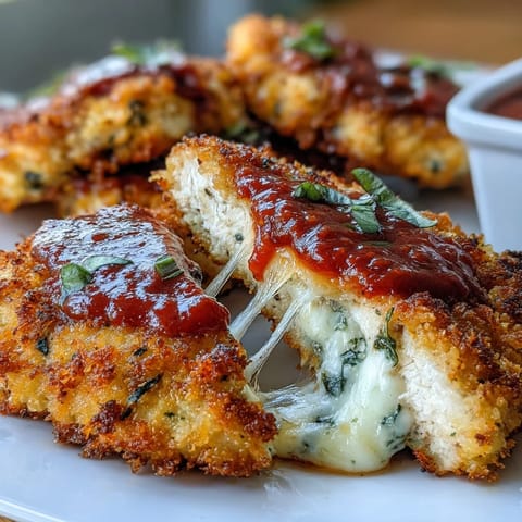Crispy air fryer chicken Parmesan with golden breading, marinara sauce, and melted mozzarella cheese on top.