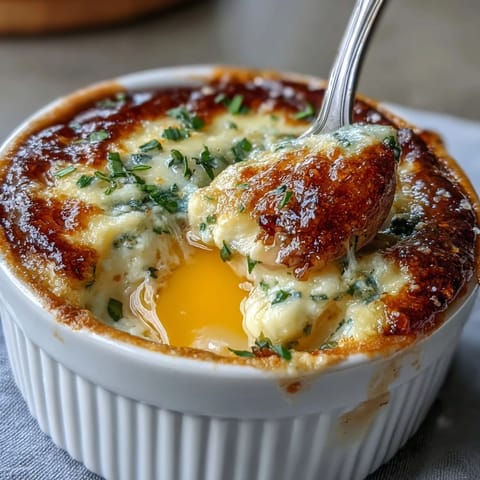 "Easter Eggs en Cocotte with creamy herbed custard and parmesan, baked in individual ramekins for a festive brunch."